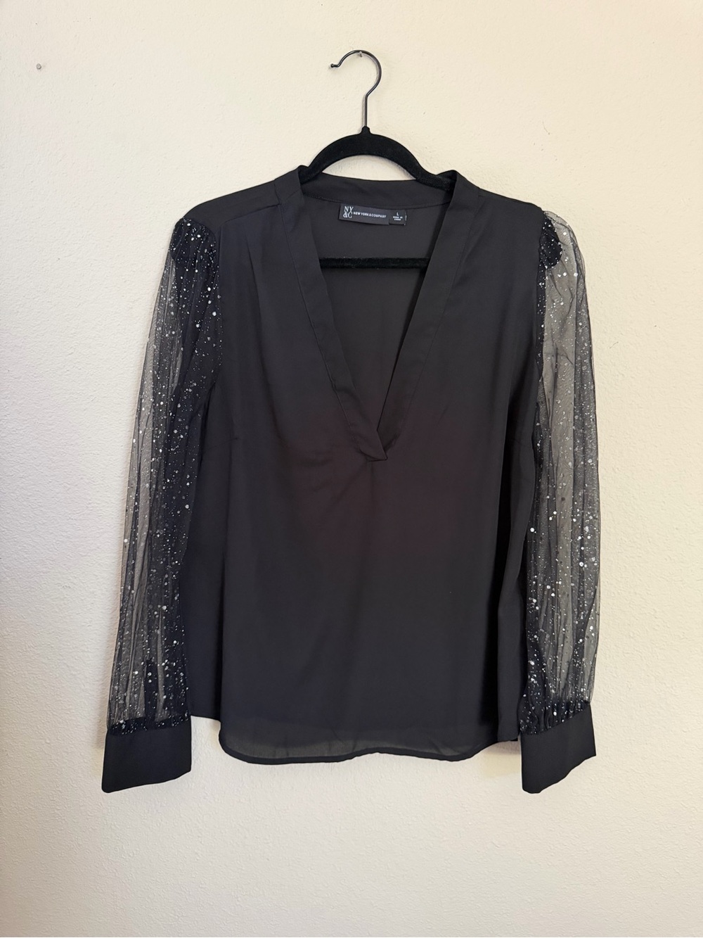 New York & Company Black V-Neck Blouse with Sparkle Sheer Sleeves